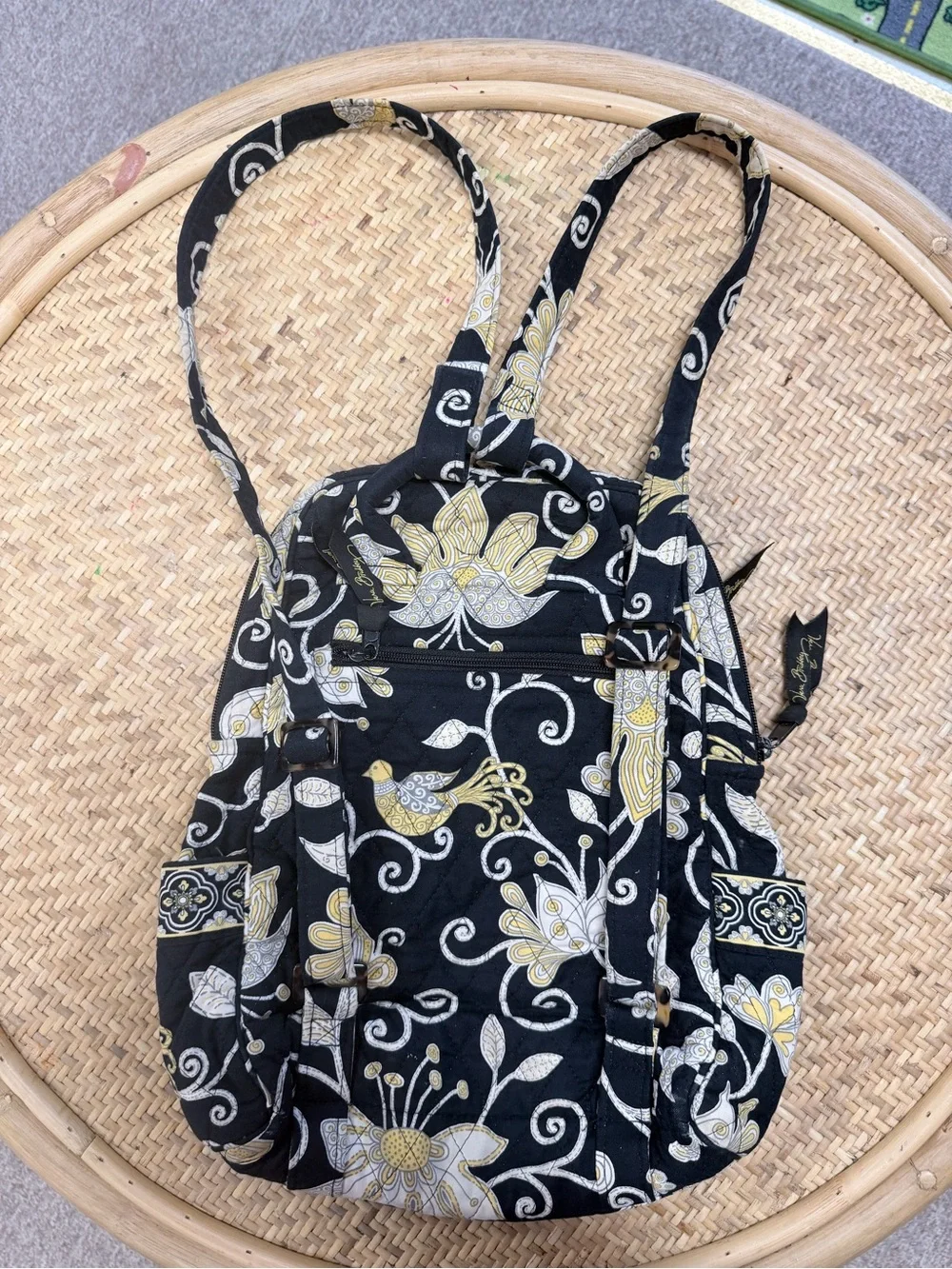 Vera Bradley Black Quilted Backpack with Cream and Gold Floral Print
